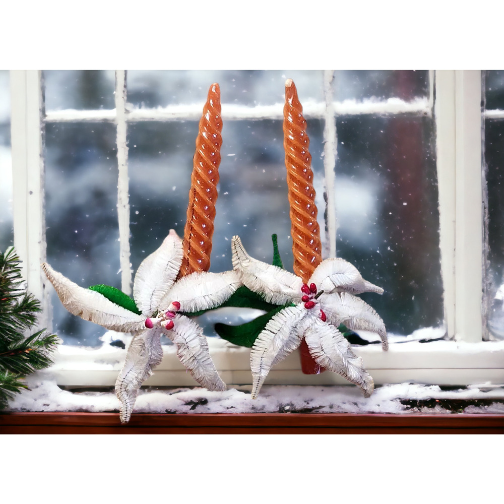 2 Spiral Taper Candles Orange / Gold Guild House & Handmade Flower Base See Pic.